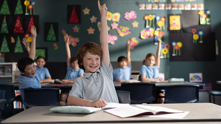 Boy with his hand ready to answer a question up in classroom