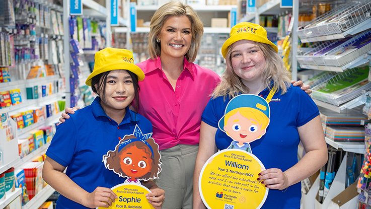 Sarah Harris and Officeworks Staff celebrate the Officeworks Back to School appeal