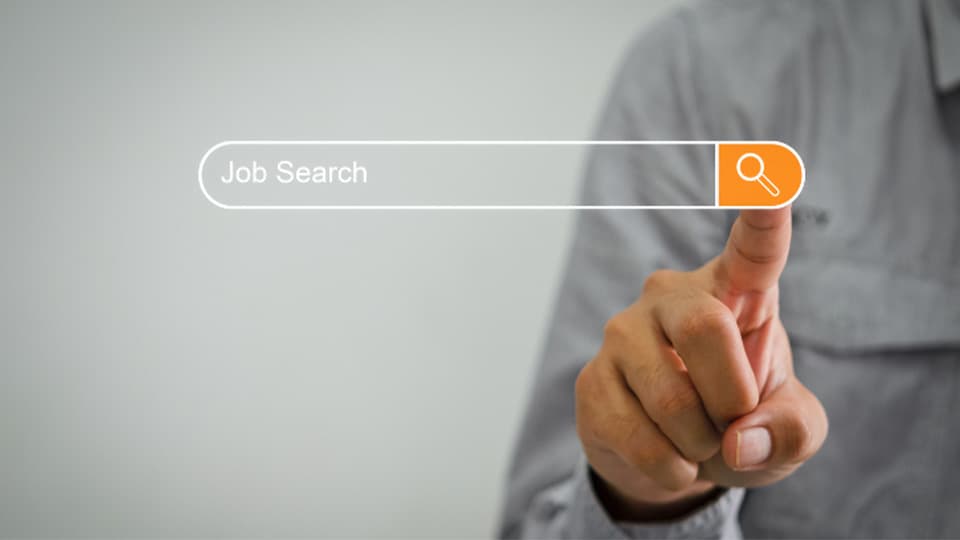 person touching a virtual "Job Search" button with a magnifying glass icon