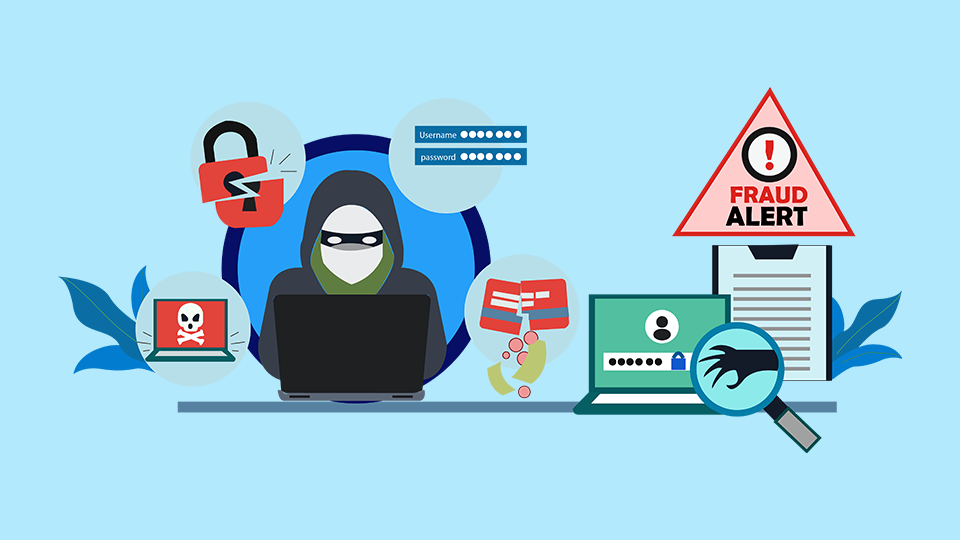 Illustration of online fraud and scams featuring a hacker at a laptop, broken lock icon, phishing email, stolen credit card details, and a fraud alert warning