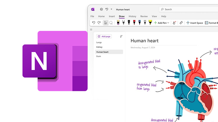 Image of the Microsoft OneNote icon and an example screenshot of the web interface.